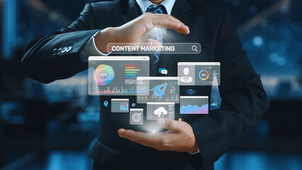 Content marketing interface with data dashboards, analytics charts, and content tools. Marketing...