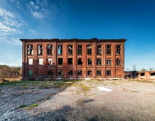 Obraz premium weathered facade of an abandoned industrial building with broken windows and crumbling brickwork under a clear sky evoking forgotten history