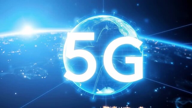 Glowing 5G symbol hovers above a digital earth Blue abstract connections spread connecting continents Futuristic technology communication connectivity worldwide global networks - Powered by Adobe