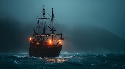 Obraz premium Eerie Sailing Ship at Sea Historic Vessel Navigating a Stormy Night with Glowing Lights.