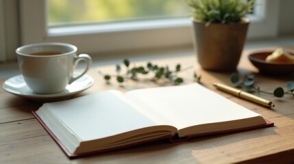 Close-up of a minimalistic white journal on rustic oak desk with vintage brass pen and herbal tea in cozy Scandinavian home office