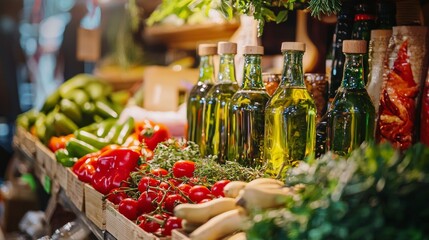 Colorful produce and olive oil bottles on rustic market stall for organic food branding and healthy lifestyle photography visuals presentation scene