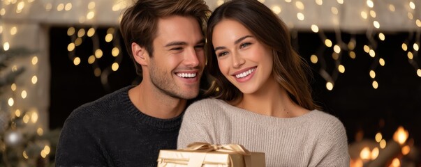 Happy Couple Exchanging a Christmas Gift in a Cozy Setting with Twinkling Lights