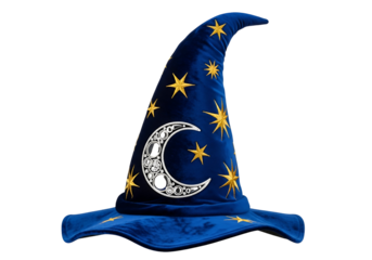 Magical blue wizard hat decorated with celestial stars and moon for fantasy costume and decoration