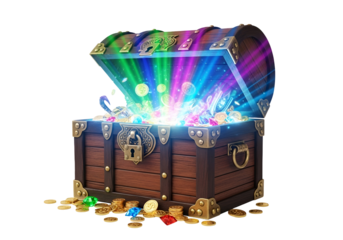 Magical Treasure Chest Overflowing with Coins and Gems in Vibrant Colors