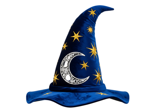 Magical blue wizard hat decorated with celestial stars and moon for fantasy costume and decoration