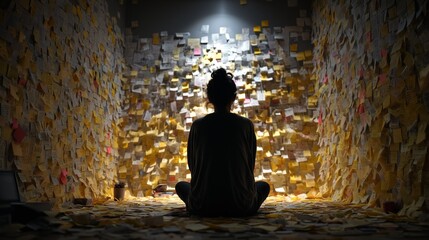 A person surrounded by stick notes in a dim room, symbolizing mentality struggles, depression and anxiety overwhelming the mind.
