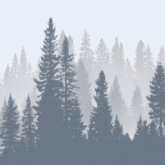 Silhouettes of evergreen trees in a misty forest.
