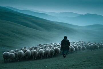 A shepherd guides his flock through misty green hills, capturing rural life, tradition, nature, and harmony with the landscape.