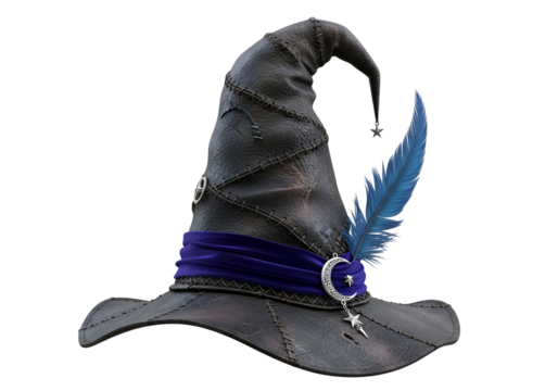 Magical witch hat with blue feather and crescent moon charm on a black background