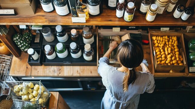 Top view of wine store with woman shopping for bottles of red and white wine for lifestyle product photography concept - Powered by Adobe