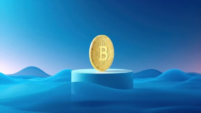 Golden coin balances atop a white pedestal Wavy blue shapes surround the platform A clean background complements the currency in a modern scene