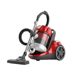 Fototapeta premium Modern red and silver canister vacuum cleaner with hose and floor nozzle isolated on transparent background