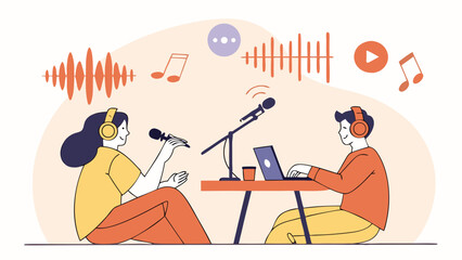 Podcast Recording Session with Two Hosts Discussing Music and Media Production with Audio Waves and Play Buttons in an Informal Setting