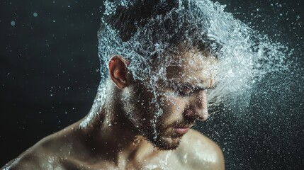 Male model underwater with splash for refreshing skincare wellness branding and artistic beauty product photography conceptual lifestyle presentation scene
