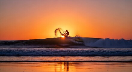 Silhouette Surfer Carving Through Ocean Wave at Golden Sunset
