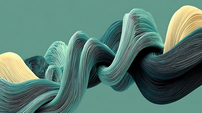 the artwork presents several curved, flowing masses composed of countless delicate, parallel lines