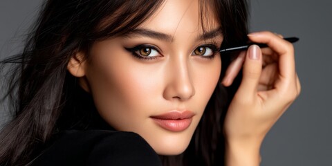 Young Asian Woman with Confident Gaze Applying Eyeliner in a Beauty Salon Environment