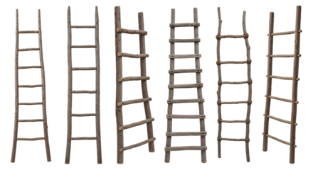 Collection of seven rustic wooden ladders of varying heights and styles arranged side by side isolated on transparent background