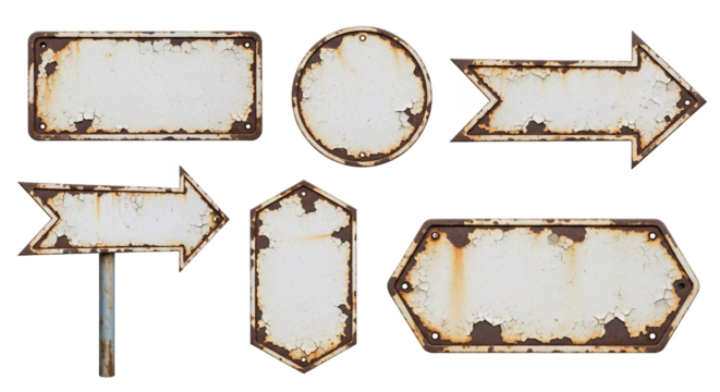 Collection of six weathered and rusty vintage metal signs with blank white space for text isolated on transparent background