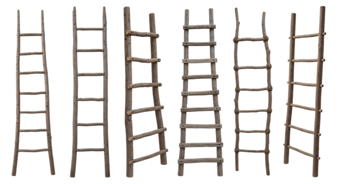 Collection of seven rustic wooden ladders of varying heights and styles arranged side by side isolated on transparent background