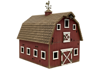 Miniature red barn model with detailed roof and weather vane for rustic decor