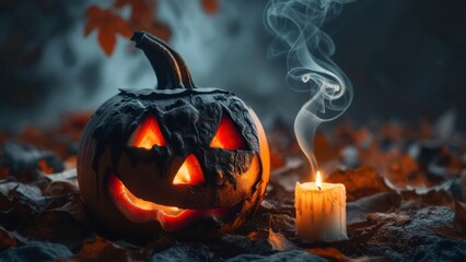 Charred Jack-o'-Lantern's Fiery Grin Beside a Smoking Candle in an Eerie Autumn Forest