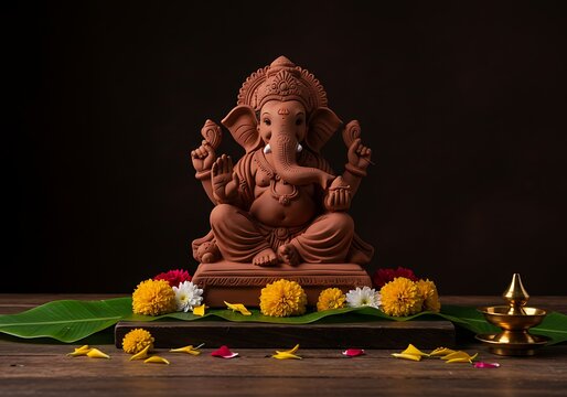 Ganesh chaturthi photo of a beautifully crafted terracotta ganesha idol, seated in a meditative pose, adorned with flowers and leaves, set against a dark background, representing devotion and auspicio