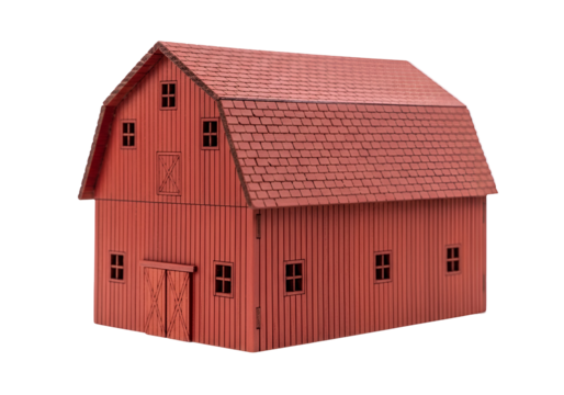 Miniature Red Barn Model with Roof Shingles and Window Details on Black Background