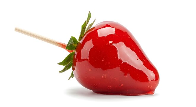 Strawberry on stick covered in shiny red candy glaze, Brazilian “morango do amor”, on white background.