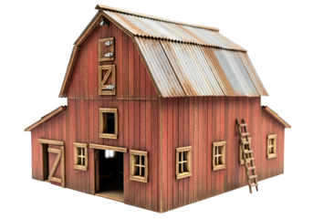 Miniature rustic barn model made of wood with ladders and windows for decorative purposes