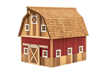 Miniature rustic barn model with red walls and wooden roof for craft projects or decor display
