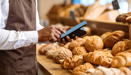 Bakery employee using smartphone