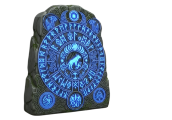 Mystical ancient rune stone with glowing blue symbols and wolf emblem in a dark setting
