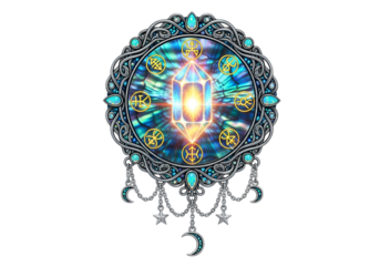 Mystical Crystal Mandala with Zodiac Symbols and Celestial Jewelry Design