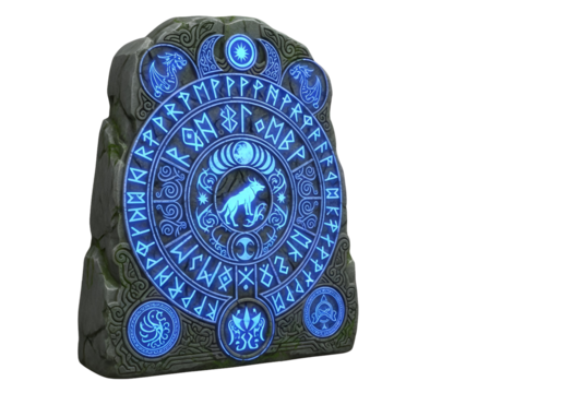 Mystical ancient rune stone with glowing blue symbols and wolf emblem in a dark setting