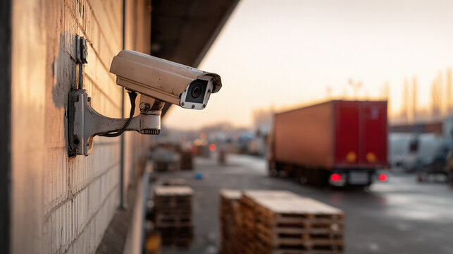 Surveillance camera on brick wall monitoring industrial area with red truck and pallets in background during golden hour light