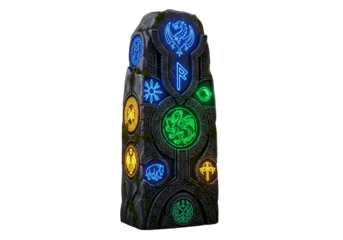 Mystical rune stone with glowing symbols representing ancient magic and modern technology