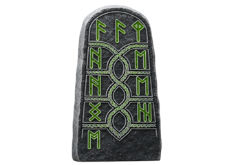 Mystical runes carved into a historic stone monument with green neon accents illustrating ancient