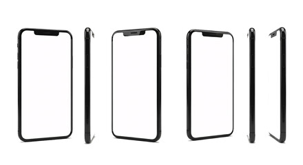 Multiple modern smartphones displayed at different angles with blank white screens isolated on transparent background