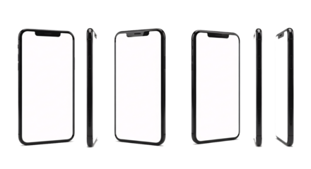 Multiple modern smartphones displayed at different angles with blank white screens isolated on transparent background