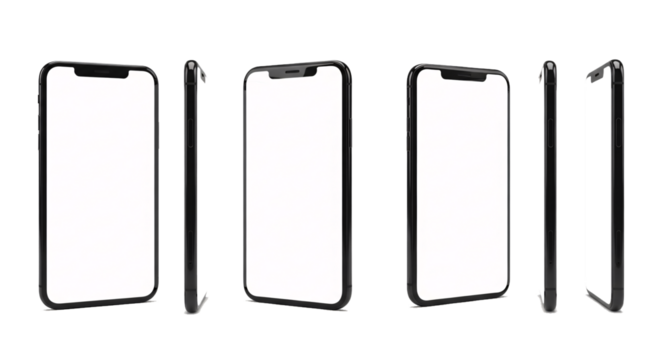 Multiple modern smartphones displayed at different angles with blank white screens isolated on transparent background