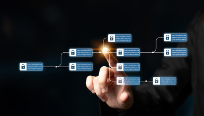Blockchain structure showing distributed data blocks linked with encryption, representing secure transaction verification, decentralized control, and immutable record system Latch