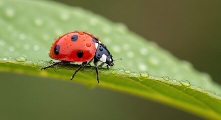 Fototapeta premium Vivid Red Ladybug Adorned with Sparkling Raindrops on a Fresh Green Leaf Macro