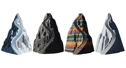 Four abstract geometric sculptures with textured surfaces and varied patterns illuminated against a dark backdrop isolated on transparent background