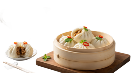 Delicious steamed pork buns in a traditional bamboo steamer basket with a single bun on a plate isolated on transparent background