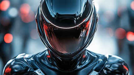 A sleek, imposing pilot in glossy black armor with angular lines and metallic accents stands confidently. The futuristic helmet with a tinted visor reflects the surroundings