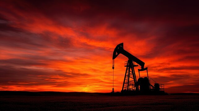 Silhouette of Oil Pump Jack at Sunset. Energy Extraction. Background for web use - Powered by Adobe