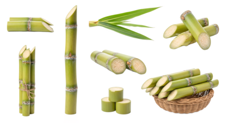 Collection of fresh green sugarcane stalks and pieces with leaves and a woven basket isolated on transparent background