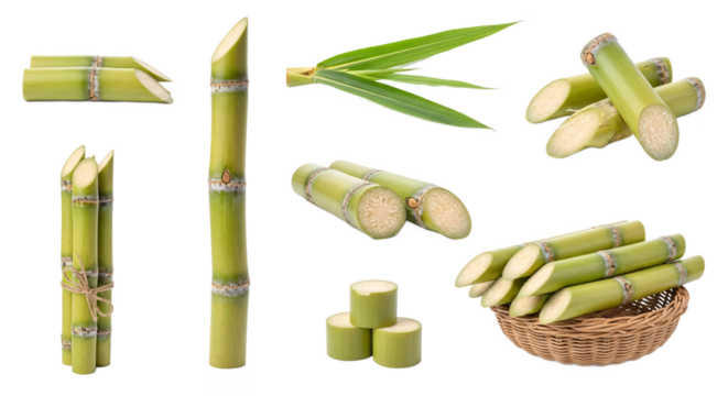Collection of fresh green sugarcane stalks and pieces with leaves and a woven basket isolated on transparent background